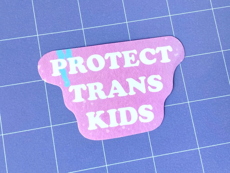 May include: Pink sticker with the text "PROTECT TRANS KIDS" in white letters. The sticker has a blue and light blue stripe on the top left corner.