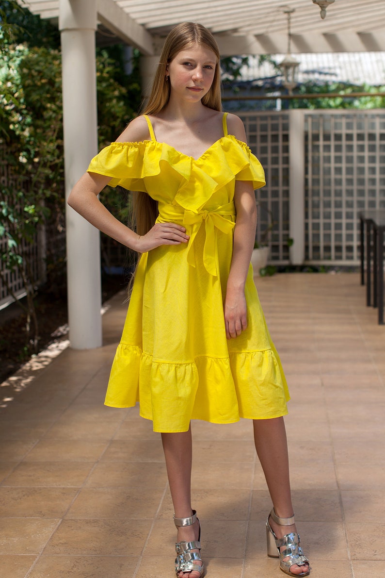 Yellow girls outfit Linen girl Drerss Summer girl outfit Organic kids clothes Linen Dress with Ruffles Dress Natural flax dress