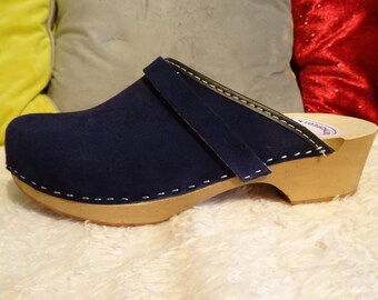 navy suede clogs