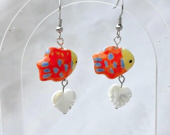 Orange Fish and Shell Summer Earrings