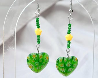 Green Millefiori Flower Heart Earrings with Stars