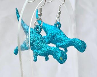 Blue Glitter T-Rex Earrings