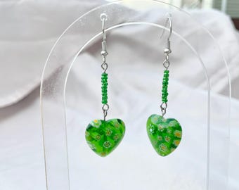 Green Millefiori Flower Heart Earrings