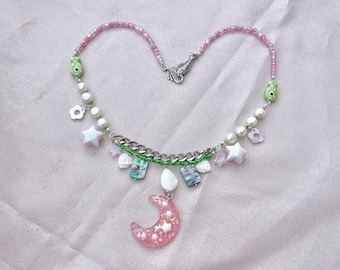 Pink Moon Pearl Necklace with Shells and Fish Beads