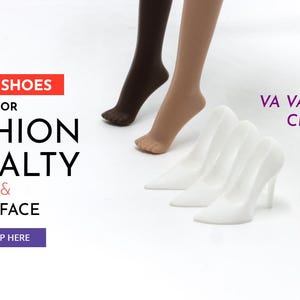 May include: White high-heeled shoes on a mannequin foot. The text "VA VA VOOM CHARM&Eacute; BELLE" is in the upper right corner of the image.