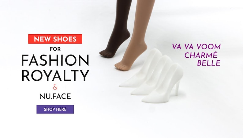 May include: White high-heeled shoes on a mannequin foot. The text "VA VA VOOM CHARM&Eacute; BELLE" is in the upper right corner of the image.