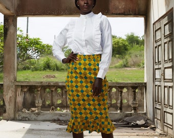 Audrey African Print Skirt - African Print Pencil Skirt, Ankara Skirt, Ankara Summer Skirt, Mixed Prints Skirt, Yellow and Blue Ankara Skirt
