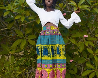 Frema African Print Maxi Skirt - African Print Skirt, Ankara Skirt, Ankara Summer Skirt, Mixed Prints Skirt, Blue and Yellow Ankara Skirt