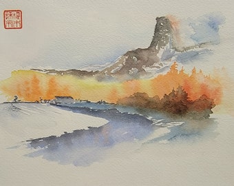 Abstract winter mountain scene - Original watercolor painting