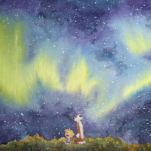 Calvin y Hobbes con la aurora boreal - Solo encargo (ver descripción)