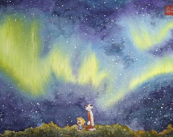 Calvin and Hobbes with the Northern Lights - Commission only (see description)