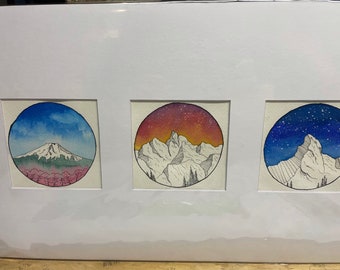 Mountains Morning, Afternoon, and Night - Original watercolor paintings