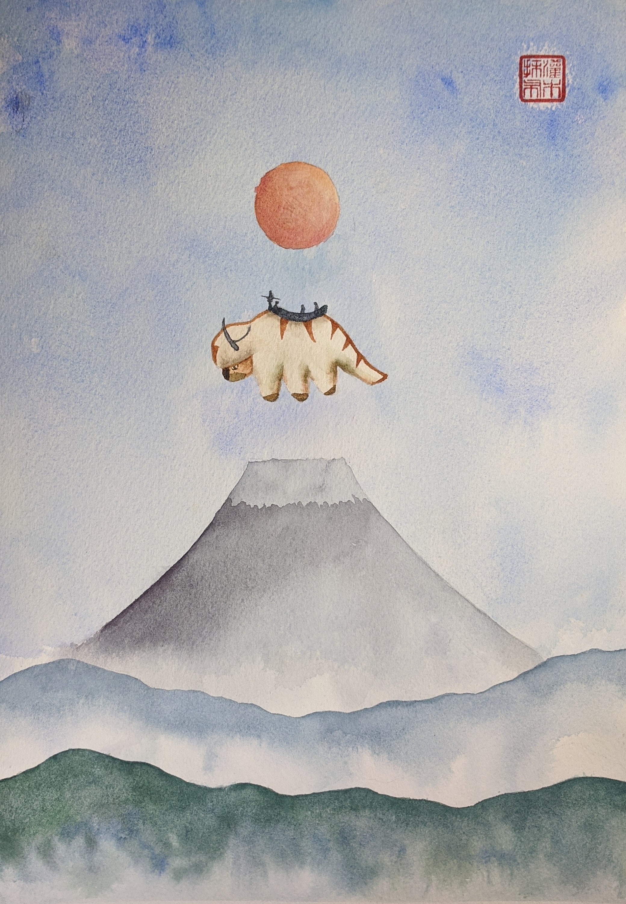 Original Watercolor Painting Avatar Last Airbender Appa Flying