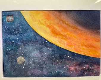Death Star Approaching Yavin 4 - Original watercolor painting