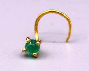 22 karat gold handmade fabulous nose pin single green stone women's jewelry