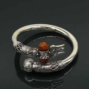 925 Sterling silver handmade plain shiny Lord Shiva trident trishul kada bangle bracelet with natural Rudraksha customized kada nssk417