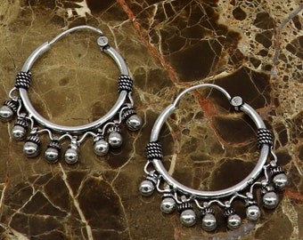 Genuine 925 Sterling silver handmade fabulous hoops earrings with hanging bells amazing antique earrings jewelry for girl's ear545