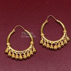 Vintage antique design handmade 925 sterling silver gorgeous gold polished hoops boho earrings bali with bells tribal Banjara jewelry s1148