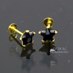 5mm 18kt yellow gold handmade single black stone back screw Star shape stud earring cartilage customized unisex jewelry er142