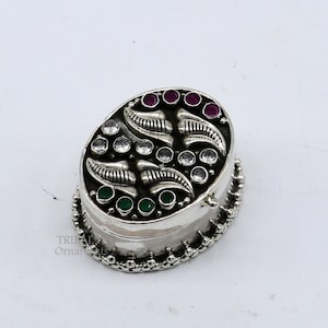 925 sterling silver unique design stone work trinket box, kajal eyeliner box, Sindur box brides gift silver box stb749