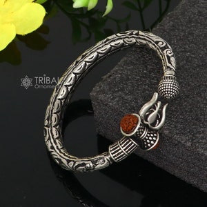 925 Sterling silver handmade Vintage style chitai work Lord Shiva trident trishul kada bangle bracelet with Rudraksha customized kada nsk762