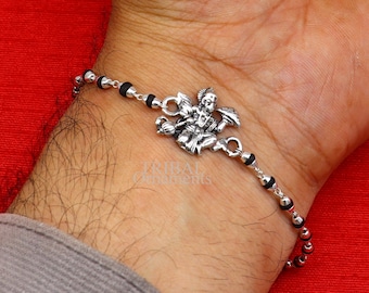 Lord Hanuman holy basil rosary beads Rakhi 925 sterling silver handmade Rakhi bracelet, amazing Tulsi beaded bracelet rk204