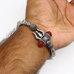 925 Sterling silver handmade chitai work Lord Shiva trident trishul kada bangle bracelet with natural Rudraksha customized kada nsk487