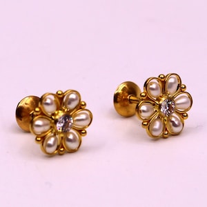 22kt yellow gold handmade stud earrings with fabulous pearl and cubic zircon earrings stylish modern girl&#39;s jewelry from india belly dance