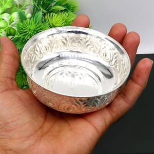 pure solid silver handmade kandrai nakshi work bowl, silver puja vessel, silver worshipping/puja utensils prasad bowl baby bowl sv216