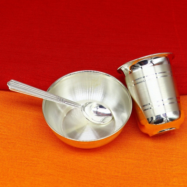 Copo e tigela de prata fina 999 para água e leite, copo de prata, colher de prata, utensílios de prata, conjunto de prata para bebês, utensílios para servir comida sv199