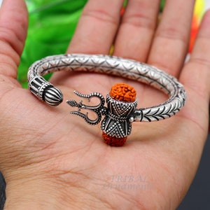 925 Sterling silver handmade chitai work Lord Shiva trident trishul kada bangle bracelet with natural Rudraksha customized kada nsk419
