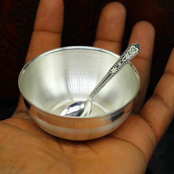 999 pure sterling silver handmade solid silver bowl and spoon, healthy serving bowl, silver vessels, baby serving utensils baby set sv82