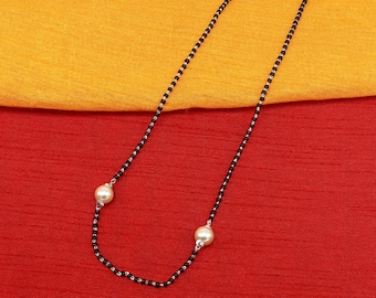 925 Sterling Silber Schwarze Perlen Kette Halskette, Vintage stylische ausgefallene Halskette, traditionelle Stil Bräute Mangalsutra Halskette Indien Set218