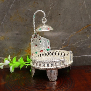 925 pure sterling silver handcrafted small sinhasan, idol krishna Bal Gopala throne, god statue&#39;s stand chair, temple art puja article su200