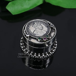 925 sterling silver unique design George v king emperor coin trinket box, kajal eyeliner box, Sindur box brides gift silver box stb751