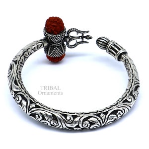 925 Sterling silver handmade chitai work Lord Shiva trident trishul kada bangle bracelet natural Rudraksha customized Bahubali kada nssk755