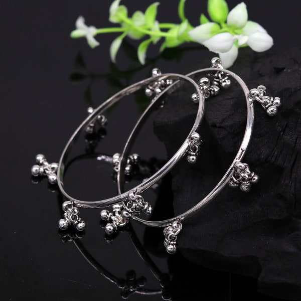 925 sterling silver handmade customized excellent hanging bells bridesmaid bangle bracelet kada , wedding personalized gifting jewelry ba90