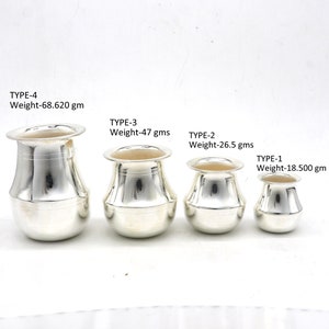 May include: Four silver pots of varying sizes, labeled with their type and weight in grams. The pots are arranged from largest to smallest, with the largest pot being labeled "TYPE-4 Weight-68.620 gm" and the smallest pot being labeled "TYPE-1 Weight-18.500 gm".