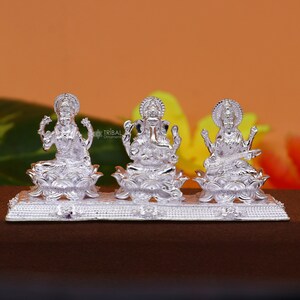 Combo Lakshmi Ganesha and Saraswati 925 Sterling silver puja article figurine statue, Diwali puja brings joy, hope, and wealth art725
