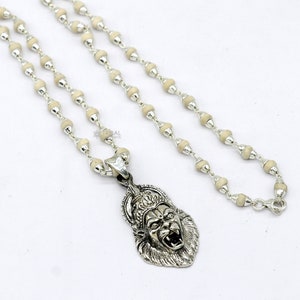 Vintage 925 Sterling silver Lord Vishnu avatar Narsimha pendant with Black and white rosary beads (tulsi mala) meditation necklace set677
