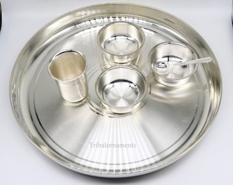 999 pure fine silver handmade dinner set, plate with small bowls and glass, silver baby food dining set, silver utensils gift sv236