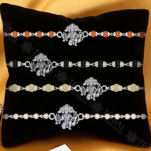 Exclusive style Lord Panchmukhi hanuman 925 sterling silver Rakhi bracelet in rudraksh/black basil/white basil and silver beaded chain rk264