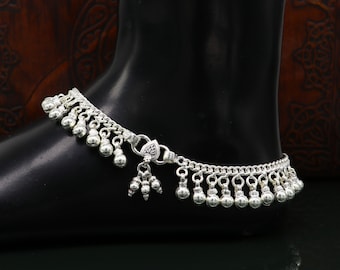 10.5&quot; Vintage antique style sterling silver handmade solid chain ankle bracelet with amazing noisy jingle bells belly genuine jewelry ank379