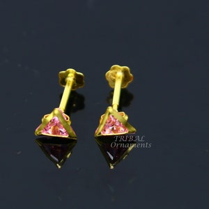 4mm 18kt yellow gold handmade single Pink stone Triangle shape stud earring cartilage earring customized unisex screw back jewelry er153