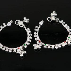 5.0&quot; long handmade Sterling silver amazing vintage style ankle bracelet new born baby anklet noisy sound bells charm anklets jewelry ank417