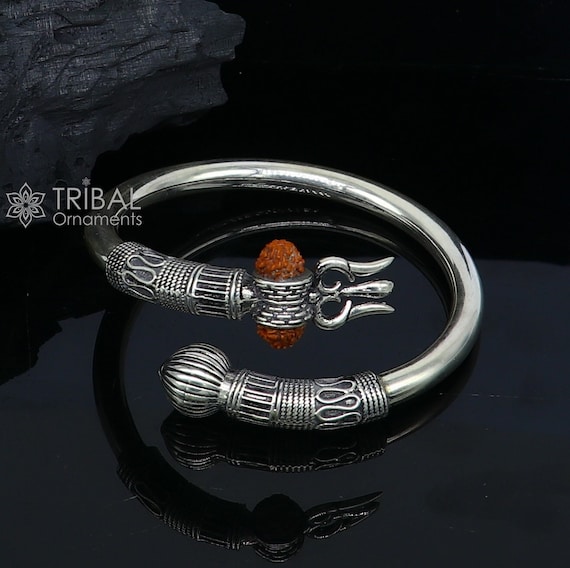 925 sterling silver handmade amazing customized lord shiva bangle bracelet,  excellent trident trishul with rudraksha unisex jewelry nssk15 | TRIBAL  ORNAMENTS