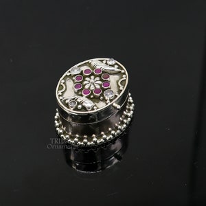 925 sterling silver handcrafted oval shape design stone work trinket box, kajal eyeliner box, Sindur box brides gift silver box stb759