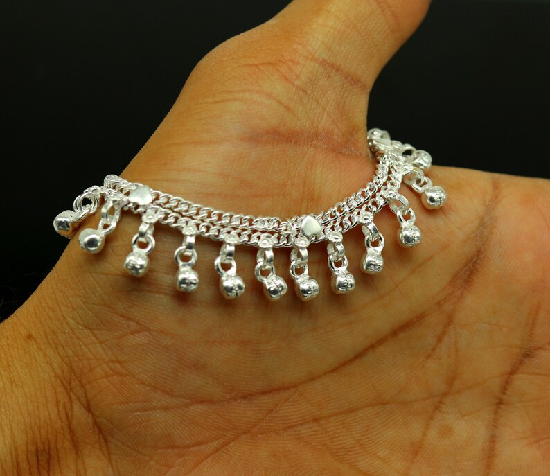 6.5 Inches long sterling silver handmade gorgeous charm baby kids anklets excellent hanging noisy bells customized kids jewelry ank242