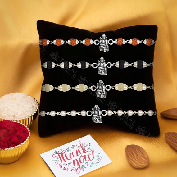 Amazing Sai baba face design 925 sterling silver Rakhi bracelet in  rudraksh/black basil/white basil and silver beaded chain rk276 | TRIBAL  ORNAMENTS