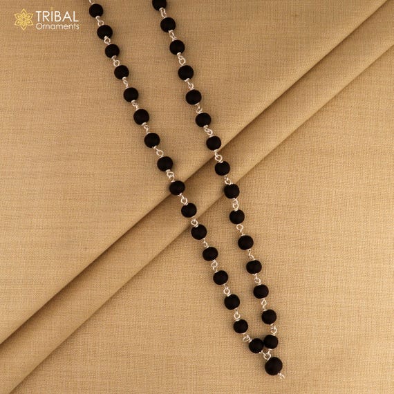 54/108 beads handmade karungali / Ebony round beads mala 925 solid silver chain necklace ch606